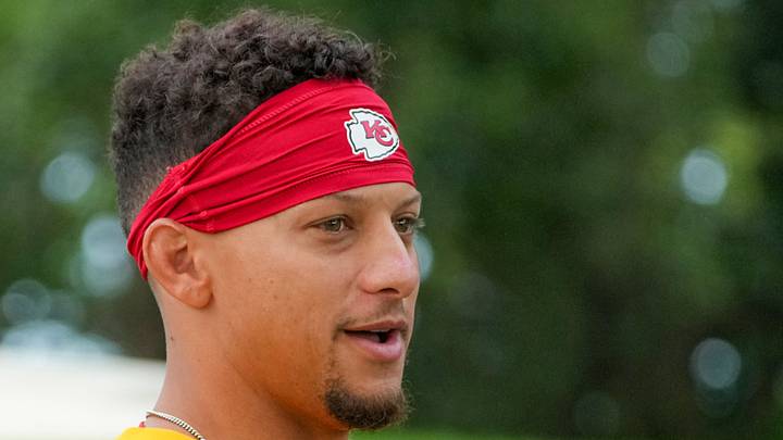 Jul 22, 2025; St. Joseph, MO, USA; Kansas City Chiefs quarterback Patrick Mahomes (15) walks down the hill to the practice fields during training camp at Missouri Western State University. Mandatory Credit: Denny Medley-Imagn Images