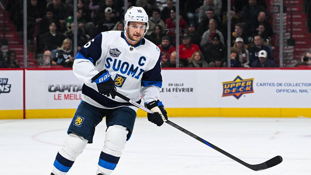Feb 13, 2025; Montreal, Quebec, CAN; [Imagn Images direct customers only] Team Finland forward Aleksander Barkov (16) skates against Team USA in the first period during a 4 Nations Face-Off ice hockey game at Bell Centre. Mandatory Credit: David Kirouac-Imagn Images