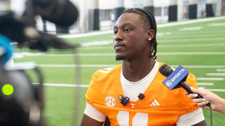 Tennessee quarterback Faizon Brandon (11) speaks to the media during Tennessee football’s media day on Aug. 4, 2026.