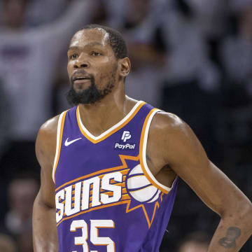 Apr 20, 2024; Minneapolis, Minnesota, USA; Phoenix Suns forward Kevin Durant (35) looks on against the Minnesota Timberwolves in the second half during game one of the first round for the 2024 NBA playoffs at Target Center. Mandatory Credit: Jesse Johnson-USA TODAY Sports