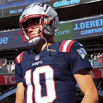 Oct 27, 2024; Foxborough, Massachusetts, USA; New England Patriots quarterback Drake Maye (10) walks onto the field before a game against the New York Jets at Gillette Stadium. Mandatory Credit: Brian Fluharty-Imagn Images