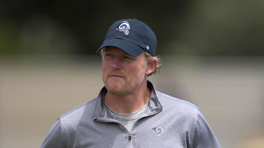May 20, 2019; Thousand Oaks,  CA, USA; Los Angeles Rams general manager Les Snead during organized team activities at Cal Lutheran University. Mandatory Credit: Kirby Lee-Imagn Images