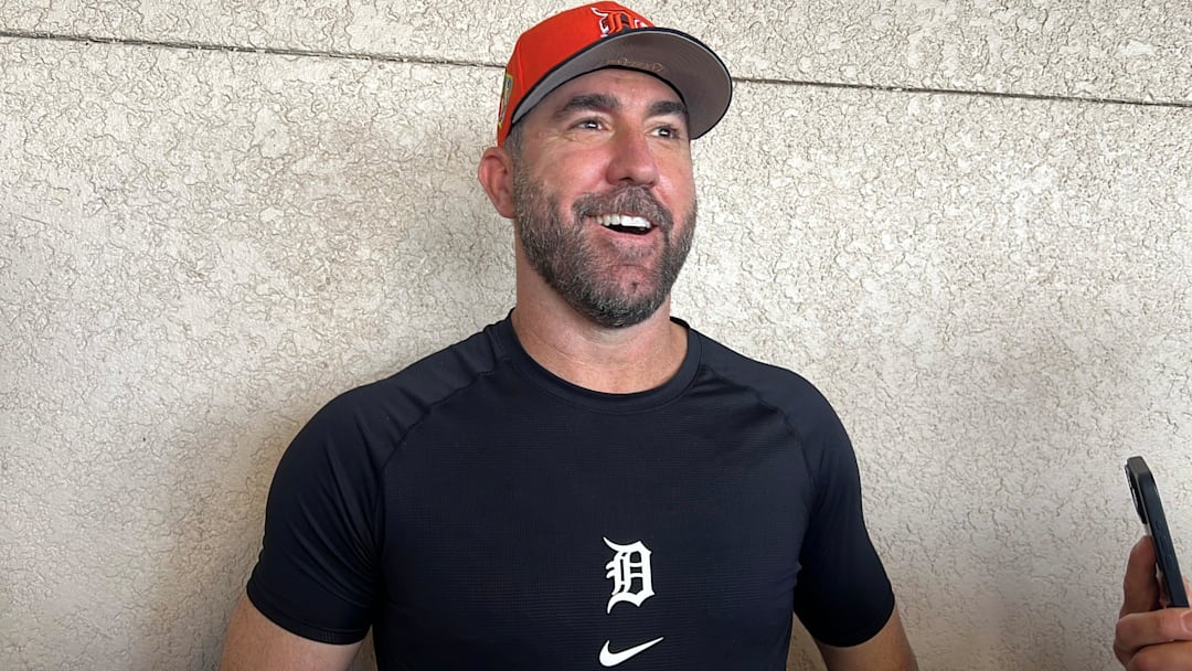 Detroit Tigers right-hander Justin Verlander talks to reporters after his first start of spring training March 6, 2026, at Joker Marchant Stadium in Lakeland, Florida.