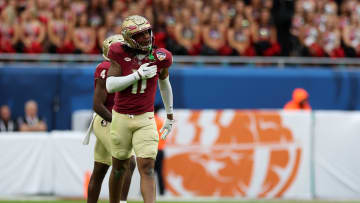 Dec 30, 2023; Miami Gardens, FL, USA; Florida State Seminoles defensive lineman Patrick Payton (11) reacts against the Georgia Bulldogs during the first half in the 2023 Orange Bowl at Hard Rock Stadium. Mandatory Credit: Nathan Ray Seebeck-USA TODAY Sports