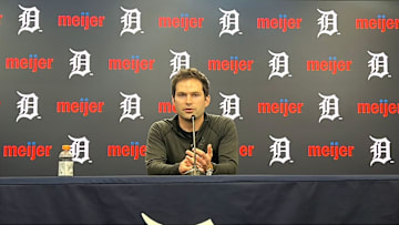 Detroit Tigers president of baseball operations Scott Harris talks to reporters about trading for starting pitcher Chris Paddack on July 28, 2025, at Comerica Park in Detroit, Michigan.