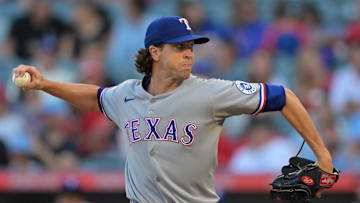 Jul 28, 2025; Anaheim, California, USA;  Texas Rangers starting pitcher Jacob deGrom (48) delivers to the plate during the first inning against the Los Angeles Angels at Angel Stadium. Mandatory Credit: Jayne Kamin-Oncea-Imagn Images