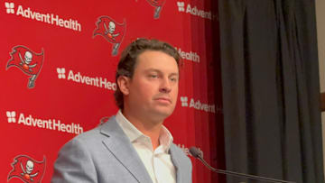 New Buccaneers OC Josh Grizzard speaks to media at One Buccaneer Place. 