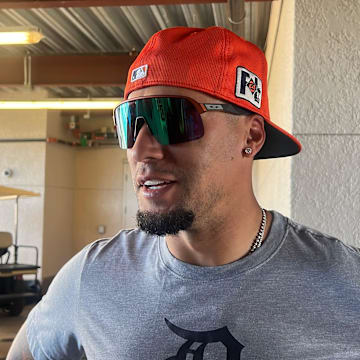 Detroit Tigers shortstop Javier Báez talks to reporters about playing defense for the first time in spring training March 3, 2025, at Joker Marchant Stadium in Lakeland, Florida.