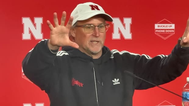 Nebraska offensive coordinator Dana Holgorsen speaks with the media after practice Thursday.