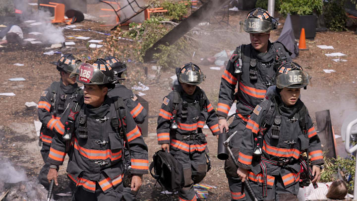 9-1-1 LONE STAR: Rob Lowe (L) and Natacha Karam (R) in the series finale series finale “Homecoming” episode of 9-1-1 LONE STAR airing Monday, Feb. 3 (8:00-9:02 PM ET/PT) on FOX. © 2024 Fox Media LLC.CR: Kevin Estrada/FOX.
