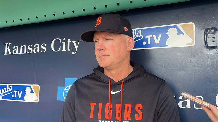 Detroit Tigers manager A.J. Hinch talks about calling up Gage Workman from Triple-A Toledo to replace injured Kerry Carpenter on May 10, 2026, at Kauffman Stadium in Kansas City, Missouri.