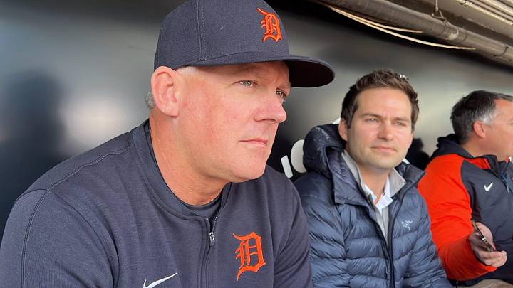 Detroit Tigers manager A.J. Hinch, left, and president of baseball operations Scott Harris, right, talk with reporters March 27, 2024, at Guaranteed Rate Field in Chicago.