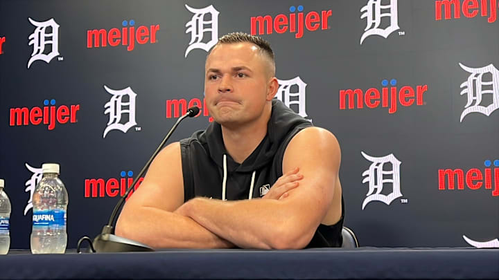 Detroit Tigers left-hander Tarik Skubal talks to reporters before a game against the Boston Red Sox on May 4, 2026, at Comerica Park in Detroit, Michigan.