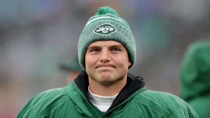 Dec 3, 2023; East Rutherford, New Jersey, USA; New York Jets quarterback Zach Wilson (2) reacts on