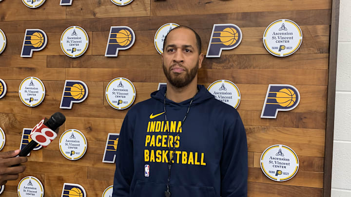 Indiana Pacers assistant coach Jannero Pargo speaks to the media after a 2024 summer league practice. (Mandatory Photo Credit: Pacers on SI)