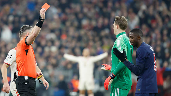 Ousmane Dembélé (right) received a second yellow card against Bayern Munich. Ousmane Dembélé (right) received a second yellow card against Bayern Munich.
