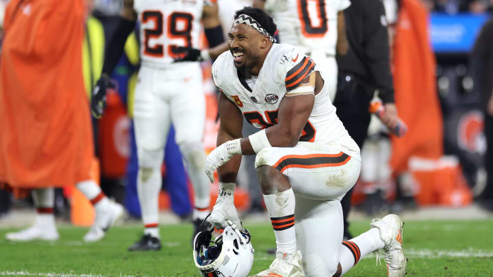 Dec 28, 2023; Cleveland, Ohio, USA; Cleveland Browns defensive end Myles Garrett (95) looks on during the second half against the New York Jets at Cleveland Browns Stadium. Mandatory Credit: Scott Galvin-USA TODAY Sports