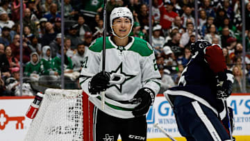 Mar 16, 2025; Denver, Colorado, USA; Dallas Stars left wing Jason Robertson (21) celebrates after his goal in the first period against the Colorado Avalanche at Ball Arena. Mandatory Credit: Isaiah J. Downing-Imagn Images