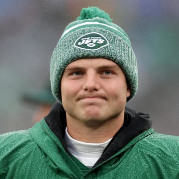 New York Jets quarterback Zach Wilson (2) reacts on the sideline during the first quarter against the Atlanta Falcons at MetLife Stadium.