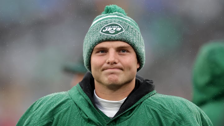 New York Jets quarterback Zach Wilson (2) reacts on the sideline during the first quarter against the Atlanta Falcons at MetLife Stadium.