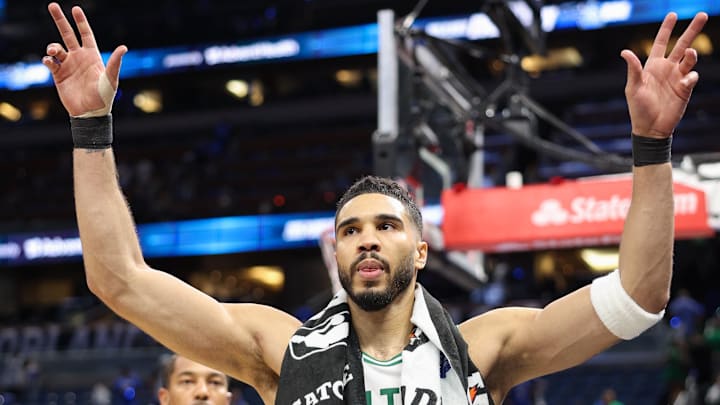 Apr 27, 2025; Orlando, Florida, USA; Boston Celtics forward Jayson Tatum (0) reacts after beating the Orlando Magic in game four of first round for the 2025 NBA Playoffs at Kia Center. Mandatory Credit: Nathan Ray Seebeck-Imagn Images
