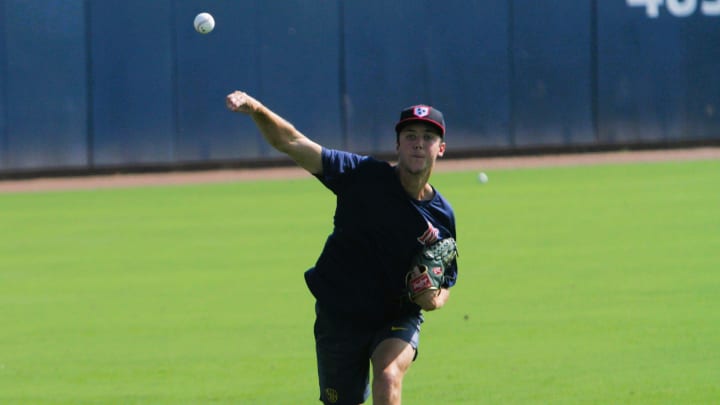 Milwaukee Brewers pitching prospect Jacob Misiorowski warms up before a game with the Nashville Sounds on August 22, 2024.