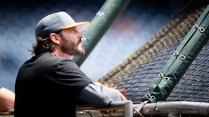 Tennessee head coach Tony Vitello during practice before the NCAA College World Series finals at Charles Schwab Field in Omaha, Neb., on Friday, June 21, 2024.