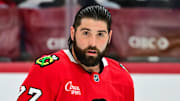Nov 21, 2024; Chicago, Illinois, USA; Chicago Blackhawks left wing Pat Maroon (77) warms up against the Florida Panthers before the game at the United Center. Mandatory Credit: Daniel Bartel-Imagn Images
