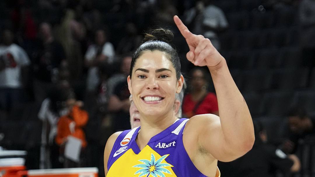 May 23, 2026; Las Vegas, Nevada, USA;  Los Angeles Sparks guard Kelsey Plum (10) gestures towards the sidelines after defeating the Las Vegas Aces at Michelob Ultra Arena. Mandatory Credit: Candice Ward-Imagn Images