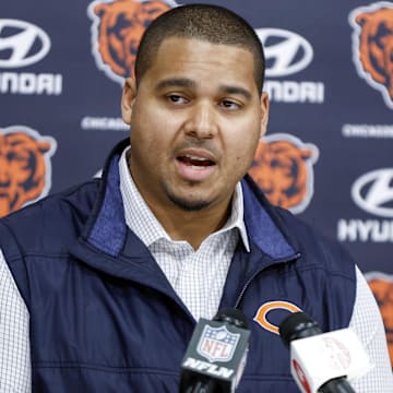 Mar 16, 2023; Lake Forest, IL, USA; Chicago Bears general manager Ryan Poles speaks during a press conference at Halas Hall. Mandatory Credit: Kamil Krzaczynski-Imagn Images