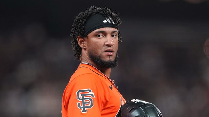 Sep 12, 2025; San Francisco, California, USA; San Francisco Giants outfielder Luis Matos (29) during the ninth inning against the Los Angeles Dodgers at Oracle Park. Mandatory Credit: Darren Yamashita-Imagn Images