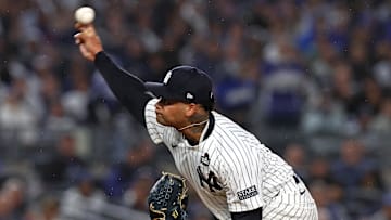 Oct 29, 2024; Bronx, New York, USA; New York Yankees pitcher Luis Gil (81) throws pitch against the Los Angeles Dodgers in the first inning during game four of the 2024 MLB World Series at Yankee Stadium.