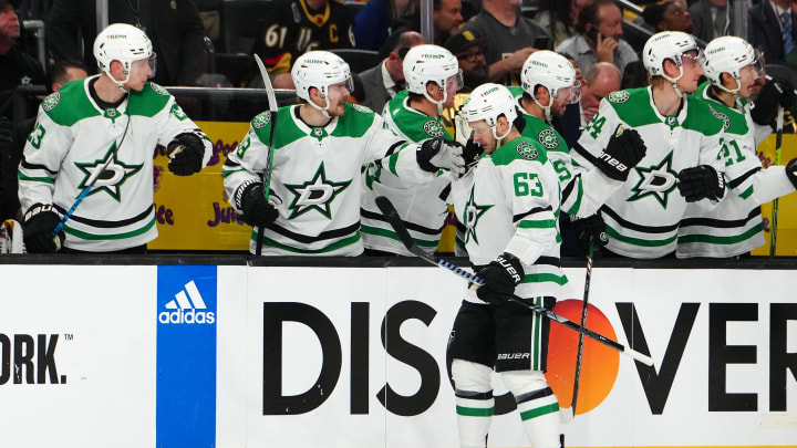 Apr 29, 2024; Las Vegas, Nevada, USA; Dallas Stars right wing Evgenii Dadonov (63) celebrates after