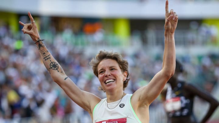 Nikki Hiltz celebrates a win in the women's 1,500 meters on day three of the USA Outdoor Track and Field Championships, Hiltz also won the semifinals at the U.S Olympic Trials.