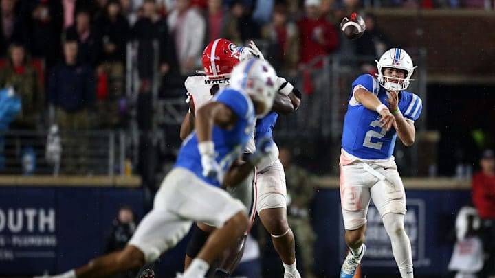 Nov 9, 2024; Oxford, Mississippi, USA; Mississippi Rebels quarterback Jaxson Dart (2) passes the ball during the second half against the Georgia Bulldogs at Vaught-Hemingway Stadium. Mandatory Credit: Petre Thomas-Imagn Images