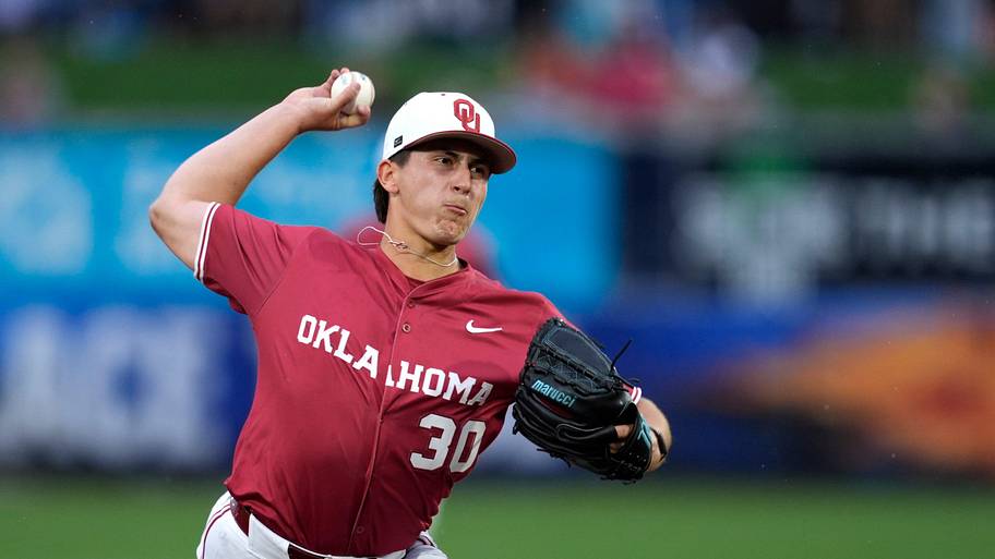 Oklahoma’s Michael Catalano pitches during a Bedlam baseball game between the Oklahoma State Cowboys and the Oklahoma So
