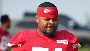 Jul 22, 2024; St. Joseph, MO, USA; Kansas City Chiefs offensive tackle Jawaan Taylor (74) walks down the hill from the locker room to the fields prior to training camp at Missouri Western State University. Mandatory Credit: Denny Medley-Imagn Images