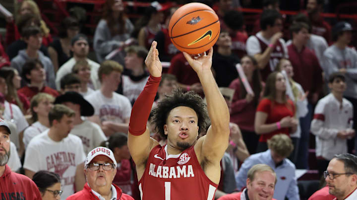 Feb 8, 2025; Fayetteville, Arkansas, USA; Alabama Crimson Tide guard Mark Sears (1) warms up prior to the game against the Arkansas Razorbacks at Bud Walton Arena. Mandatory Credit: Nelson Chenault-Imagn Images