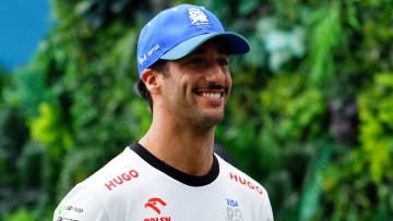 May 5, 2024; Miami Gardens, Florida, USA; RB driver Daniel Ricciardo (3) arrives in the paddock before the Miami Grand Prix at Miami International Autodrome. Mandatory Credit: John David Mercer-USA TODAY Sports