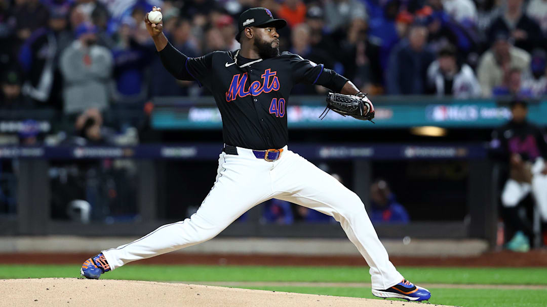 Oct 16, 2024; New York City, New York, USA; New York Mets pitcher Luis Severino (40) throws a pitch against the Los Angeles Dodgers in the first inning during game three of the NLCS for the 2024 MLB playoffs at Citi Field. Mandatory Credit: Wendell Cruz-Imagn Images