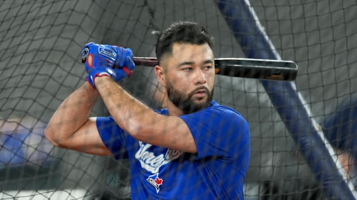 Oct 25, 2025; Toronto, Ontario, CAN; Toronto Blue Jays second baseman Isiah Kiner-Falefa (7) takes batting practice prior to game two of the 2025 MLB World Series against the Los Angeles Dodgers at Rogers Centre. Mandatory Credit: Nick Turchiaro-Imagn Images