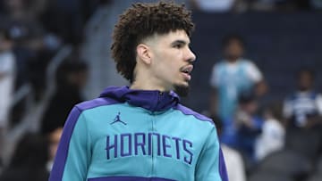 Mar 5, 2025; Charlotte, North Carolina, USA;  Charlotte Hornets guard LaMelo Ball (1) warms up before the game against the Minnesota Timberwolves at the Spectrum Center. Mandatory Credit: Sam Sharpe-Imagn Images