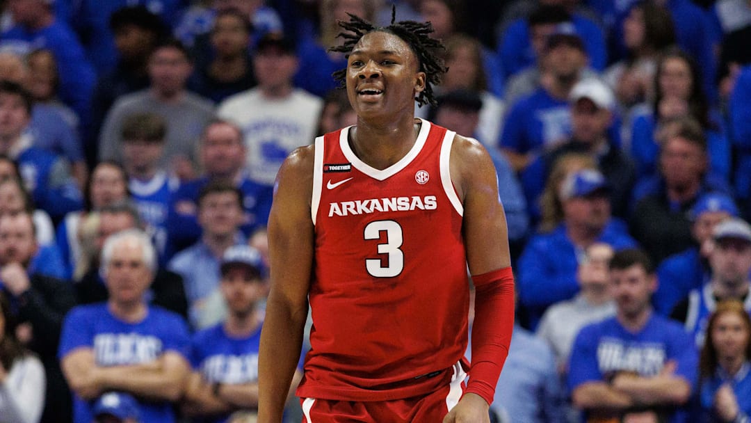 Feb 1, 2025; Lexington, Kentucky, USA; Arkansas Razorbacks forward Adou Thiero (3) reacts after making a basket during the first half against the Kentucky Wildcats at Rupp Arena at Central Bank Center. Mandatory Credit: Jordan Prather-Imagn Images