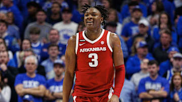 Feb 1, 2025; Lexington, Kentucky, USA; Arkansas Razorbacks forward Adou Thiero (3) reacts after making a basket during the first half against the Kentucky Wildcats at Rupp Arena at Central Bank Center. Mandatory Credit: Jordan Prather-Imagn Images