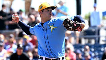 Feb 24, 2024; Port Charlotte, Florida, USA; Tampa Bay Rays pitcher Nathan Wiles (91) throws a pitch in the first inning of a spring training game against the Atlanta Braves at Charlotte Sports Park. Mandatory Credit: Jonathan Dyer-Imagn Images