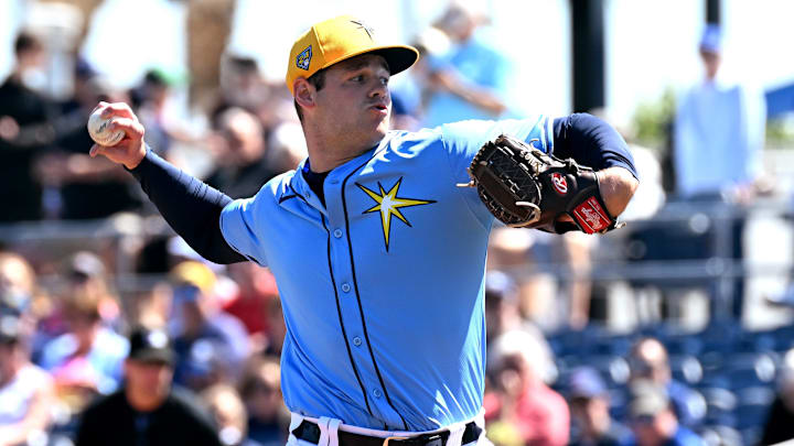 Feb 24, 2024; Port Charlotte, Florida, USA; Tampa Bay Rays pitcher Nathan Wiles (91) throws a pitch in the first inning of a spring training game against the Atlanta Braves at Charlotte Sports Park. Mandatory Credit: Jonathan Dyer-Imagn Images