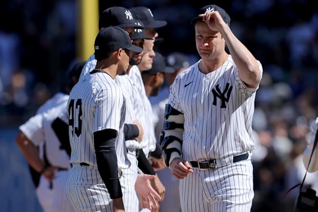 New York Yankees injured starting pitcher Gerrit Cole (45) tips his cap
