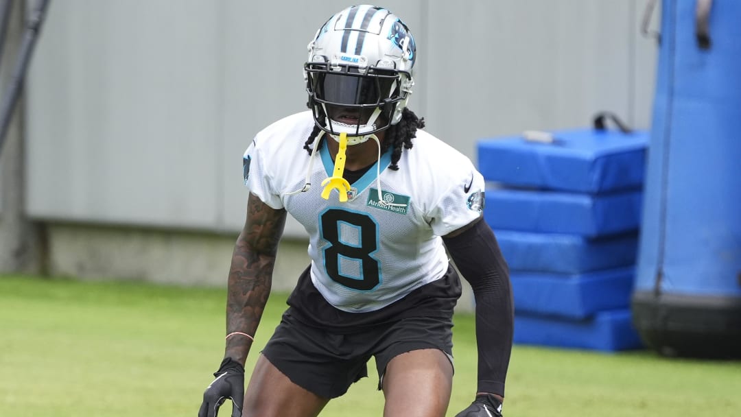 Jun 4, 2024; Charlotte, NC, USA; Carolina Panthers cornerback Jaycee Horn (8) back on defense during OTAs.