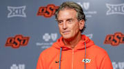 Oklahoma State offensive coordinator Doug Meacham speaks during a press conference at Boone Pickens Stadium in Stillwater Okla., on Thursday, Jan. 23, 2025.