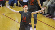 Indiana Hoosiers guard Sara Scalia (14) reacts to making a three-point basket against the Iowa Hawkeyes in the second half at Simon Skjodt Assembly Hall.